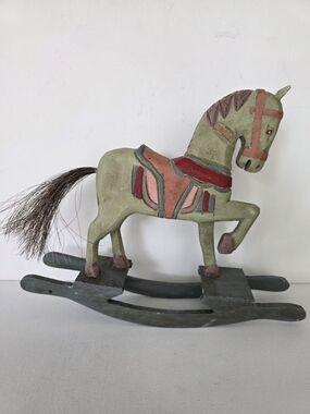 Handcrafted Green Wooden Rocking Horse with Pink and Red Accents